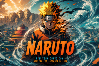 Concept key art Naruto : ninja en combinaison orange face au village de Konoha, annonce New York Comic Con le 10 octobre 2026