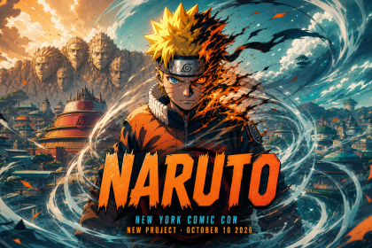 Concept key art Naruto : ninja en combinaison orange face au village de Konoha, annonce New York Comic Con le 10 octobre 2026