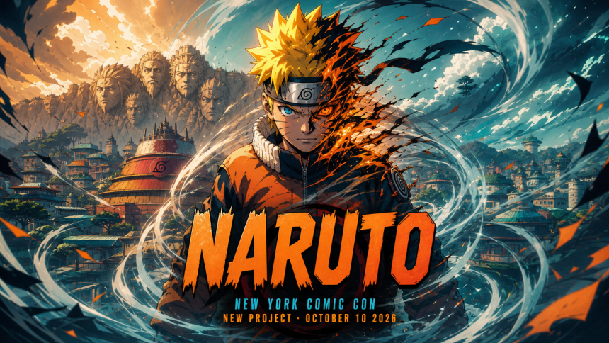 Concept key art Naruto : ninja en combinaison orange face au village de Konoha, annonce New York Comic Con le 10 octobre 2026