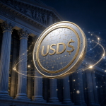 Façade de banque américaine avec un jeton stablecoin dollar flottant, concept les banques préparent leurs propres stablecoins