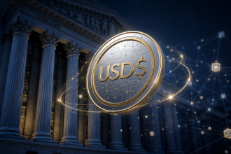 Façade de banque américaine avec un jeton stablecoin dollar flottant, concept les banques préparent leurs propres stablecoins