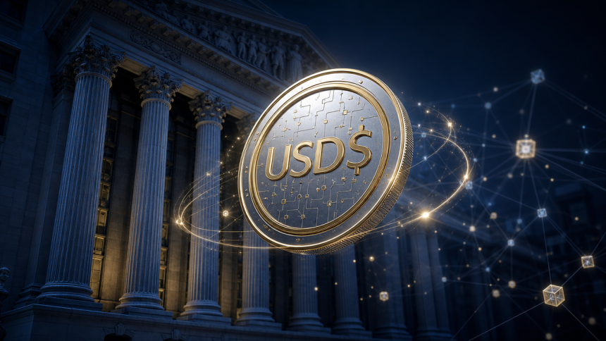 Façade de banque américaine avec un jeton stablecoin dollar flottant, concept les banques préparent leurs propres stablecoins