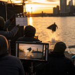 Plateau de tournage au coucher du soleil pour Superman : Man of Tomorrow avec une silhouette en cape en pleine course sur l'eau