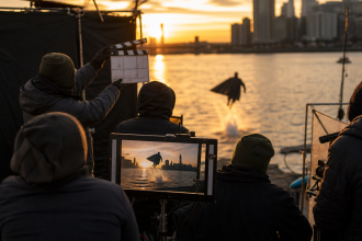 Plateau de tournage au coucher du soleil pour Superman : Man of Tomorrow avec une silhouette en cape en pleine course sur l'eau