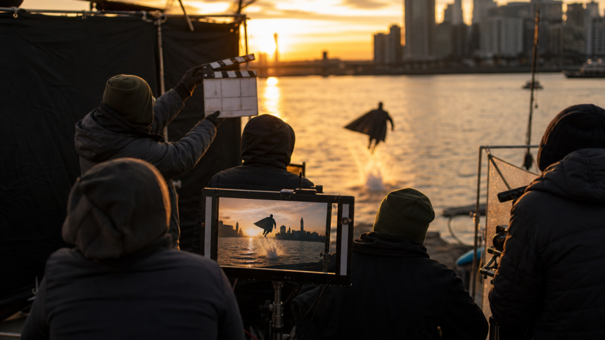 Plateau de tournage au coucher du soleil pour Superman : Man of Tomorrow avec une silhouette en cape en pleine course sur l'eau