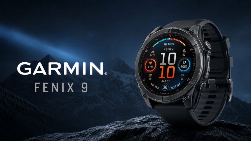Concept visuel de la montre GPS Garmin Fenix 9, boîtier titane et écran AMOLED sur fond d'aventure nocturne