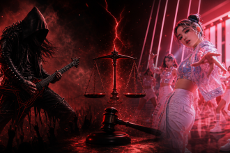 Concept éditorial illustrant le procès pour usurpation de marque opposant le groupe de metal Demon Hunter à Netflix et AEG, entre scène metal et pop coréenne