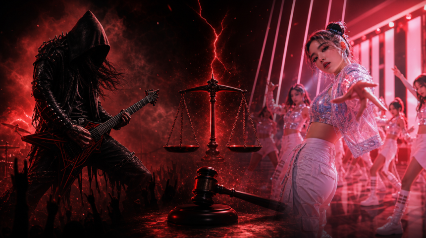 Concept éditorial illustrant le procès pour usurpation de marque opposant le groupe de metal Demon Hunter à Netflix et AEG, entre scène metal et pop coréenne