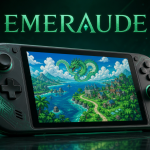 Concept du port Switch 2 de Pokémon Émeraude : console portable affichant la région de Hoenn en pixel art avec un dragon émeraude, titre ÉMERAUDE sur fond techno émeraude