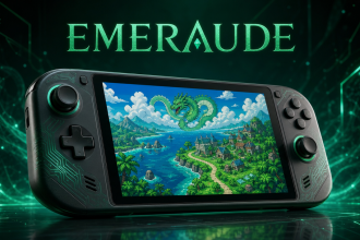 Concept du port Switch 2 de Pokémon Émeraude : console portable affichant la région de Hoenn en pixel art avec un dragon émeraude, titre ÉMERAUDE sur fond techno émeraude