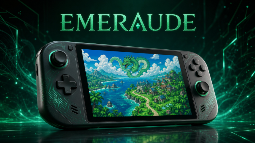 Concept du port Switch 2 de Pokémon Émeraude : console portable affichant la région de Hoenn en pixel art avec un dragon émeraude, titre ÉMERAUDE sur fond techno émeraude