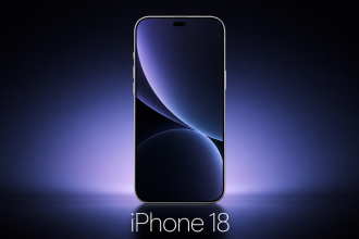 iPhone 18 standard, rendu concept avec Dynamic Island rétréci et fond sombre studio