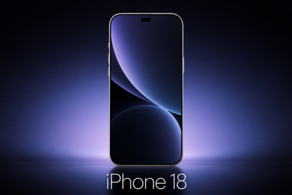 iPhone 18 standard, rendu concept avec Dynamic Island rétréci et fond sombre studio