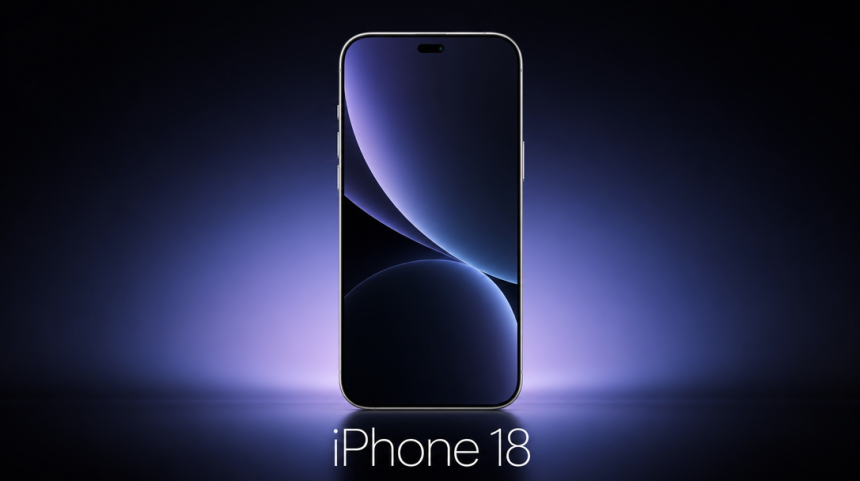 iPhone 18 standard, rendu concept avec Dynamic Island rétréci et fond sombre studio