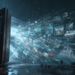 Concept d'une fuite massive de données de jeux vidéo depuis un serveur Valve, torrent de flux lumineux et assets de jeux