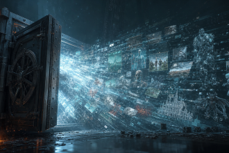Concept d'une fuite massive de données de jeux vidéo depuis un serveur Valve, torrent de flux lumineux et assets de jeux