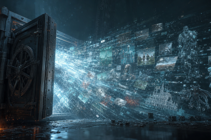 Concept d'une fuite massive de données de jeux vidéo depuis un serveur Valve, torrent de flux lumineux et assets de jeux