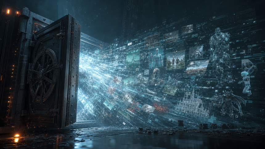 Concept d'une fuite massive de données de jeux vidéo depuis un serveur Valve, torrent de flux lumineux et assets de jeux