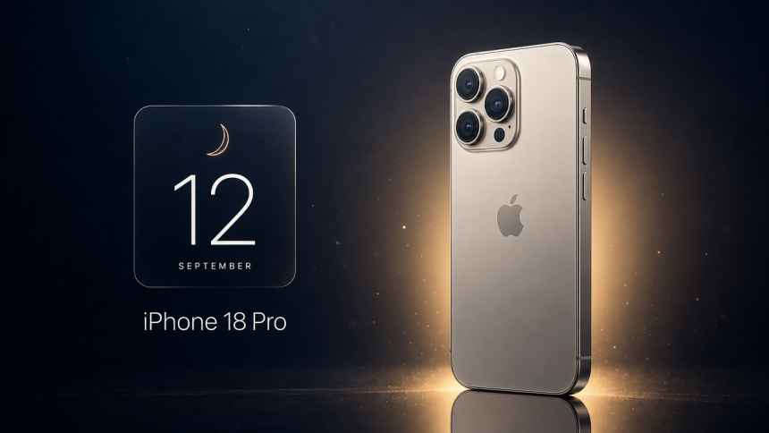 iPhone 18 Pro, concept précommandes décalées au 12 septembre, smartphone titane avec carte de date et lune