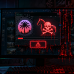 Concept éditorial : un faux installateur de GTA 6 infecté montre un cheval de Troie et un crâne rouge, ambiance Vice City synthwave, copies pirates vérolées