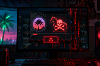 Concept éditorial : un faux installateur de GTA 6 infecté montre un cheval de Troie et un crâne rouge, ambiance Vice City synthwave, copies pirates vérolées