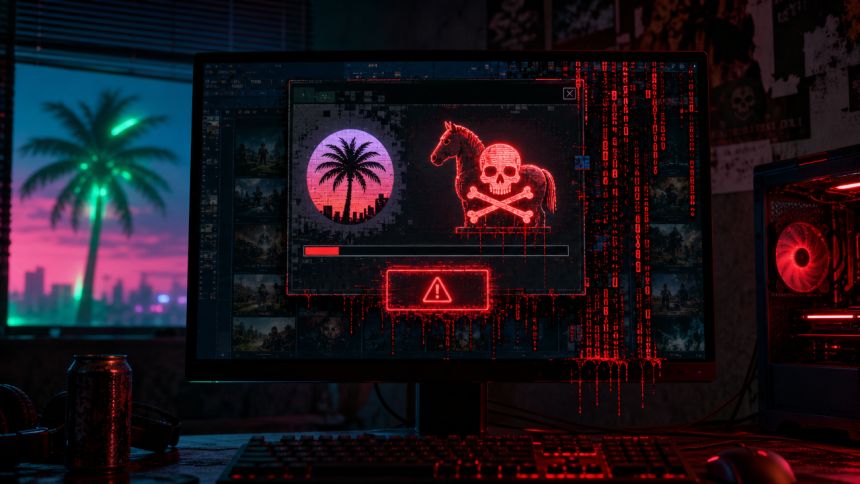 Concept éditorial : un faux installateur de GTA 6 infecté montre un cheval de Troie et un crâne rouge, ambiance Vice City synthwave, copies pirates vérolées