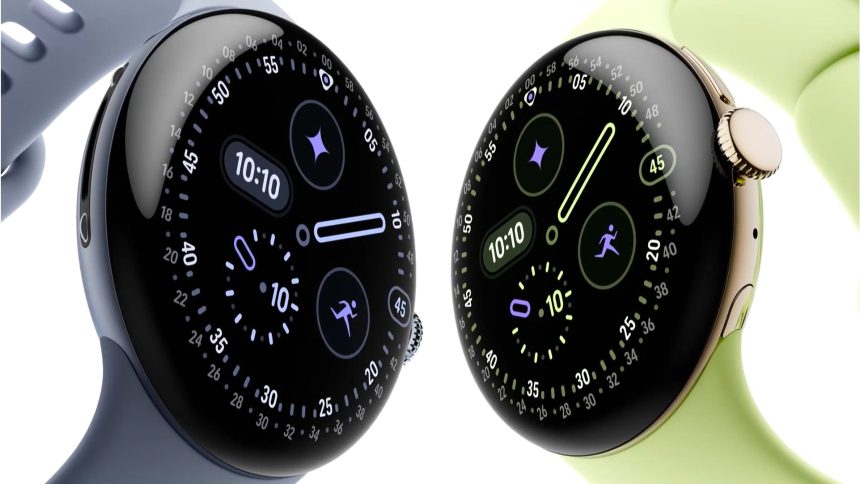 Google Pixel Watch 5, photo officielle du press kit présentant les deux boîtiers avec leurs bracelets