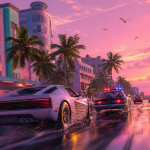 Vice City, scène de poursuite policière style capture IA de fan pour GTA 6, concept
