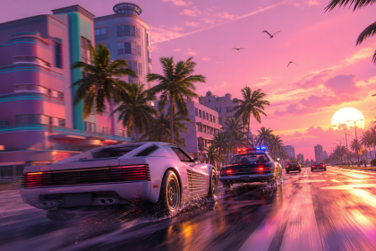 Vice City, scène de poursuite policière style capture IA de fan pour GTA 6, concept