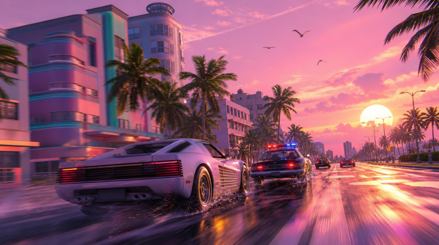 Vice City, scène de poursuite policière style capture IA de fan pour GTA 6, concept