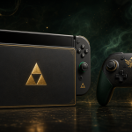 Rendu concept de la Nintendo Switch 2 édition limitée 40 ans de The Legend of Zelda avec son Pro Controller commémoratif