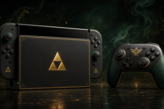 Rendu concept de la Nintendo Switch 2 édition limitée 40 ans de The Legend of Zelda avec son Pro Controller commémoratif