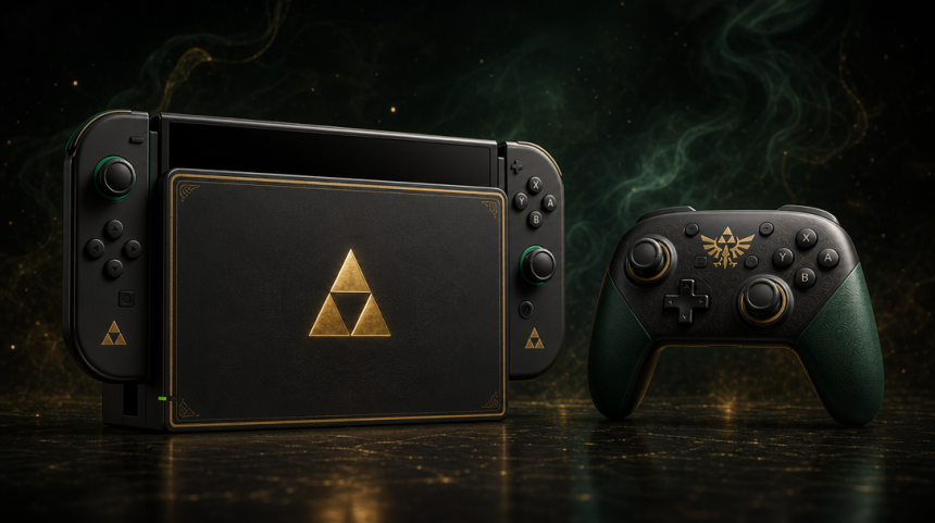 Rendu concept de la Nintendo Switch 2 édition limitée 40 ans de The Legend of Zelda avec son Pro Controller commémoratif