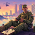 GTA 6 : un soldat de l'US Army en treillis tient une manette PS5 sur un ponton face à la skyline pastel de Vice City, concept éditorial