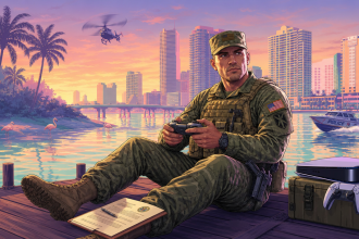 GTA 6 : un soldat de l'US Army en treillis tient une manette PS5 sur un ponton face à la skyline pastel de Vice City, concept éditorial