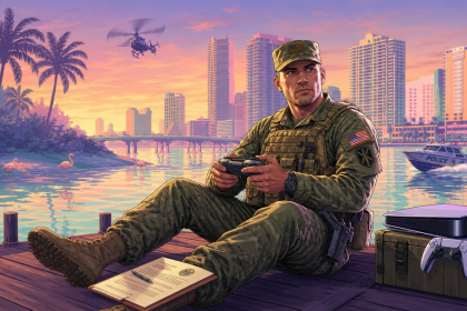 GTA 6 : un soldat de l'US Army en treillis tient une manette PS5 sur un ponton face à la skyline pastel de Vice City, concept éditorial