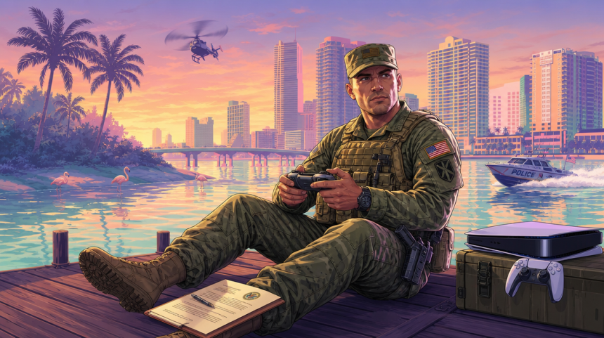 GTA 6 : un soldat de l'US Army en treillis tient une manette PS5 sur un ponton face à la skyline pastel de Vice City, concept éditorial