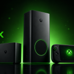 Concept d'une famille d'appareils Xbox Project Helix : console tour premium, boîtier compact et console portable, rendu éditorial vert Xbox