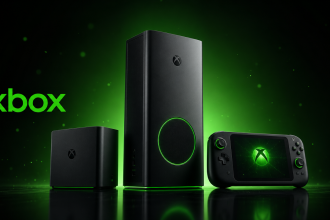 Concept d'une famille d'appareils Xbox Project Helix : console tour premium, boîtier compact et console portable, rendu éditorial vert Xbox