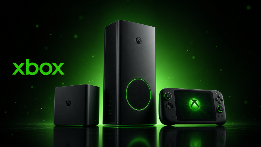 Concept d'une famille d'appareils Xbox Project Helix : console tour premium, boîtier compact et console portable, rendu éditorial vert Xbox