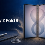 Galaxy Z Fold 8 ouvert avec la charnière exposée et de la poussière, teardown iFixit, rendu concept Samsung