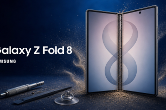 Galaxy Z Fold 8 ouvert avec la charnière exposée et de la poussière, teardown iFixit, rendu concept Samsung