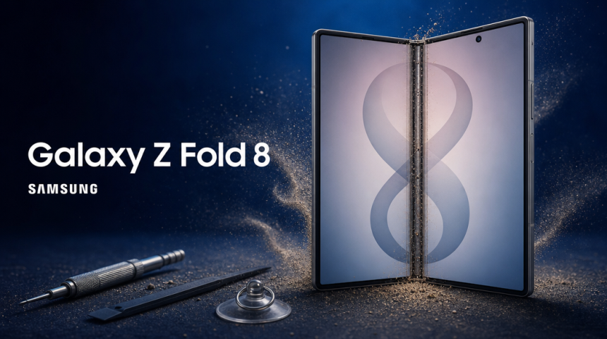 Galaxy Z Fold 8 ouvert avec la charnière exposée et de la poussière, teardown iFixit, rendu concept Samsung