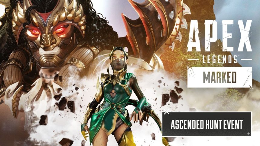 Key art officiel de l'événement Apex Legends Ascended Hunt, Légendes en armure dorée dans une ambiance mystique