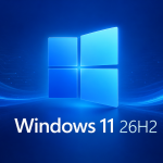 Logo officiel Windows 11 avec la mention 26H2 sur fond bleu, illustrant la mise à jour majeure 2026 annoncée par Microsoft