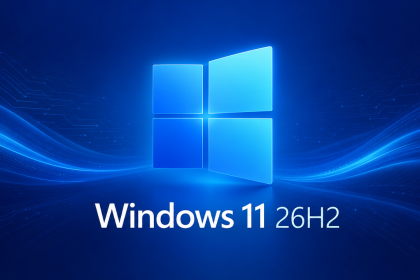 Logo officiel Windows 11 avec la mention 26H2 sur fond bleu, illustrant la mise à jour majeure 2026 annoncée par Microsoft
