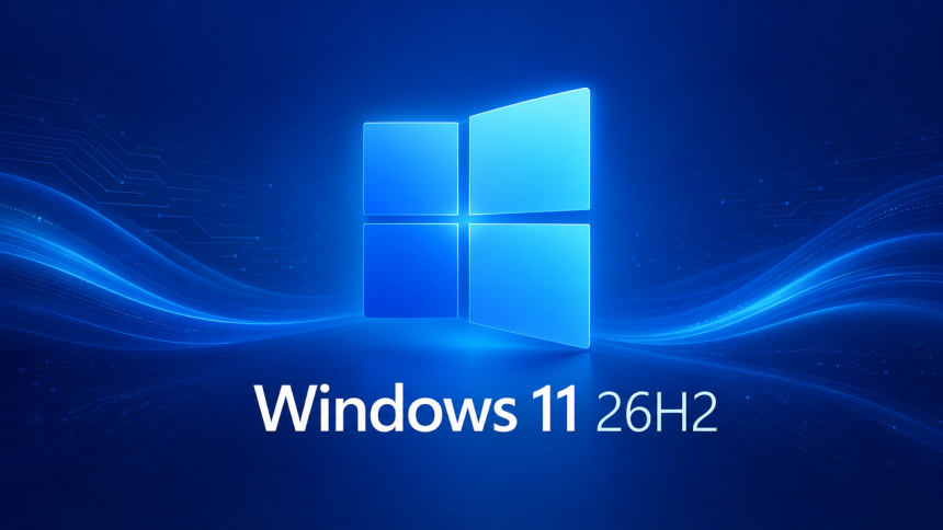 Logo officiel Windows 11 avec la mention 26H2 sur fond bleu, illustrant la mise à jour majeure 2026 annoncée par Microsoft