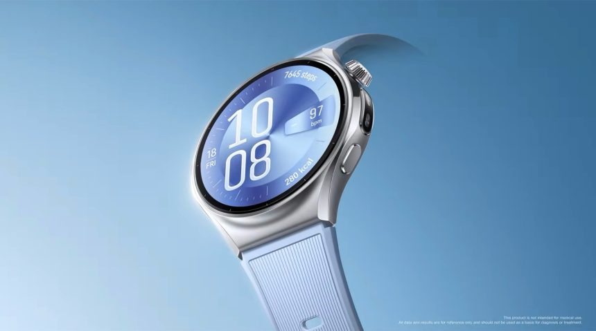 Huawei Watch 6, rendu officiel du teaser Slim in Style avec boîtier argenté et bracelet bleu pâle