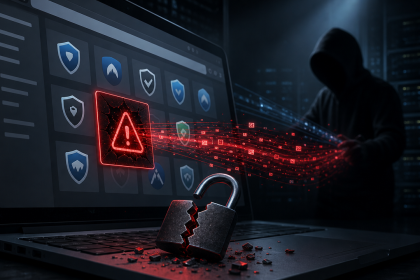 Concept illustrant des extensions VPN malveillantes dans le Chrome Web Store, cadenas brisé et vol de données