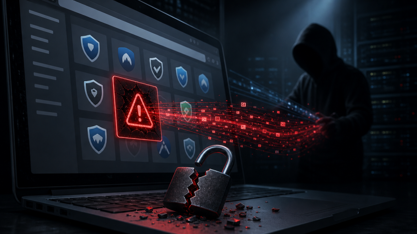Concept illustrant des extensions VPN malveillantes dans le Chrome Web Store, cadenas brisé et vol de données